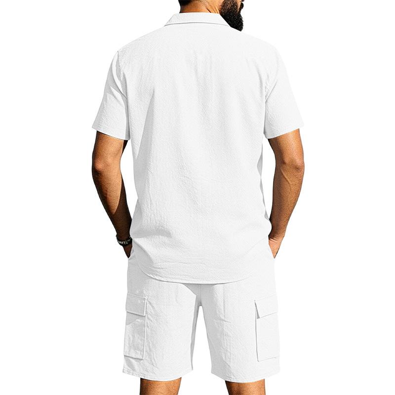 Casual Solid Color Linen Two Piece Sets Mens 2026 Spring Summer Fashion Short Sleeve Shirts and Shorts Outfits Men Linen Suits