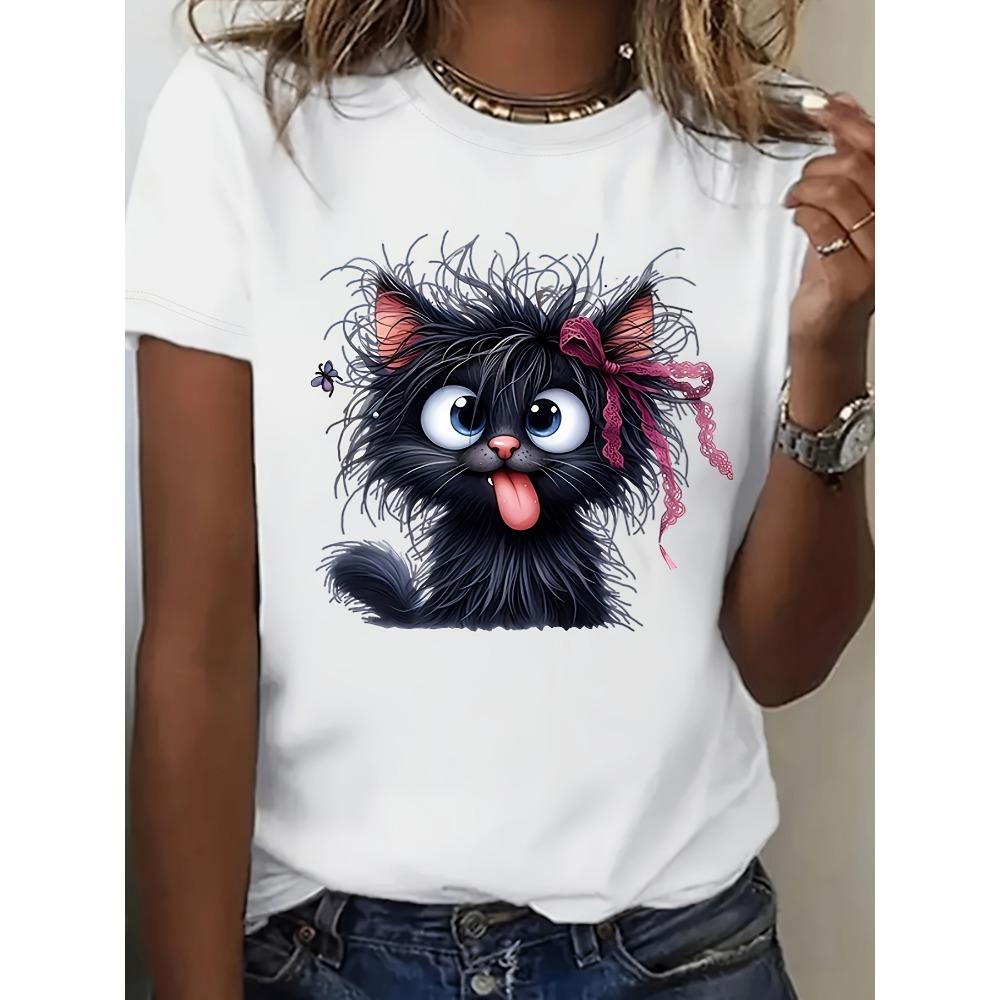 Fluffy Black Cat Women's Tee - Cute Cartoon Graphic, Playful Feline Print for Casual Daily Wear