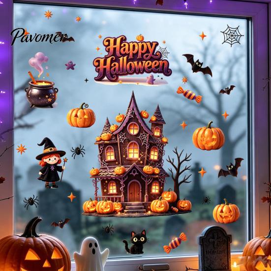 Haunted House Theme Background Halloween Static Window Clings, Spooky Glass Decals with Pumpkin Gift for Friends Family Bat Witch, Removable