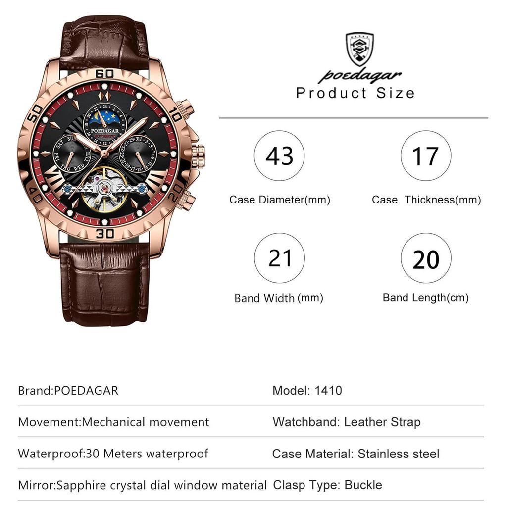 POEDAGAR Tourbillon Automatic Mechanical Wristwatch Waterproof Luminous Date Week Leather Men Watch