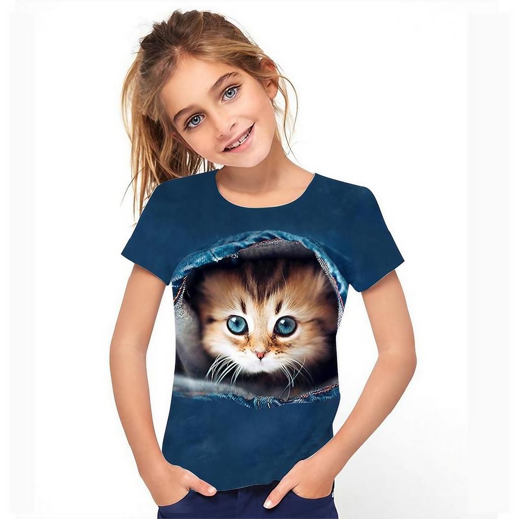 Girls' 3D Graphic Animal Cat T shirt Tee Short Sleeve 3D Print Active Cute Kids 3-12 Years