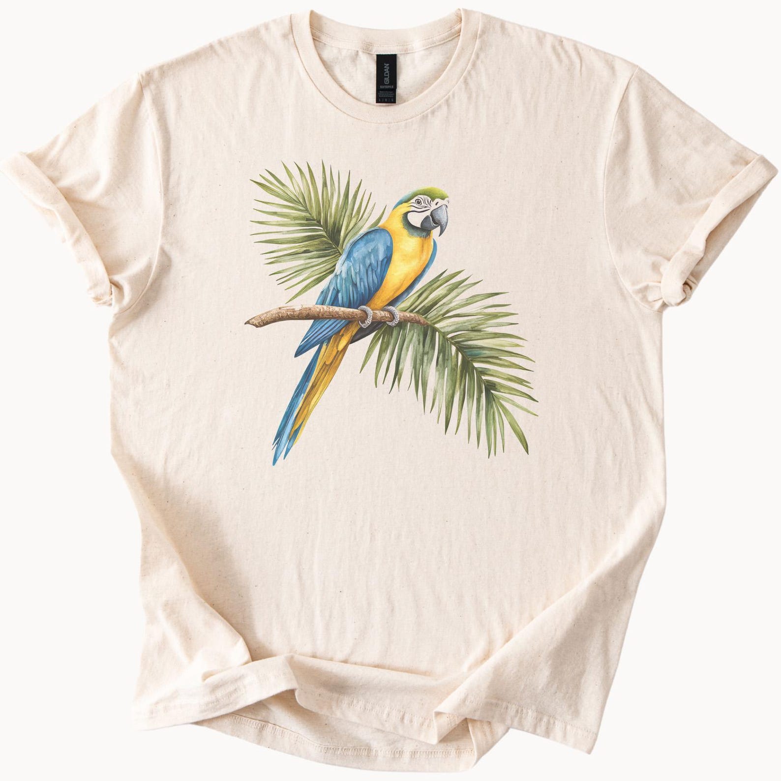 Blue and Yellow Macaw Parrot Graphic T Shirt Tropical Palm Leaf Bird Nature Animal Art Tee Summer Wildlife Gift for Bird Lovers 130