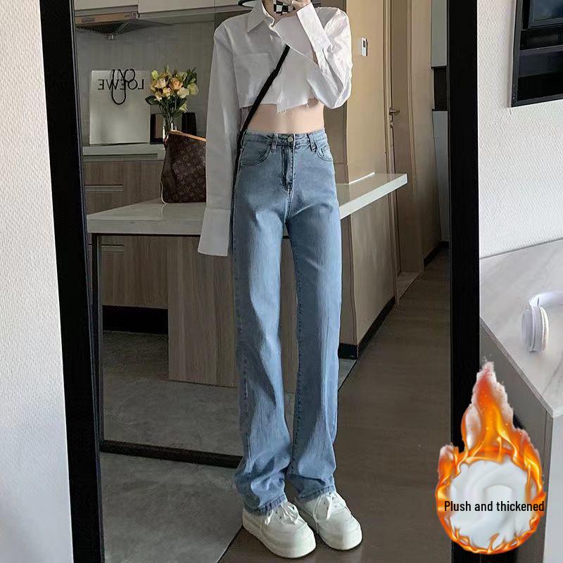 Women's High Waist Velvet-Lined Wide Leg Jeans - Black & Gray, Warm and Slimming, Floor-Length, Casual Straight Fit for Autumn/Winter