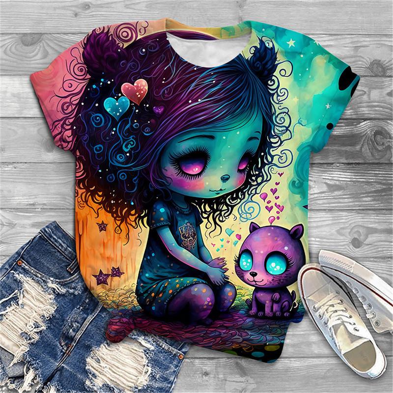 3D printed women's T-shirt round neck casual short sleeved shirt Korean urban fashion summer new product