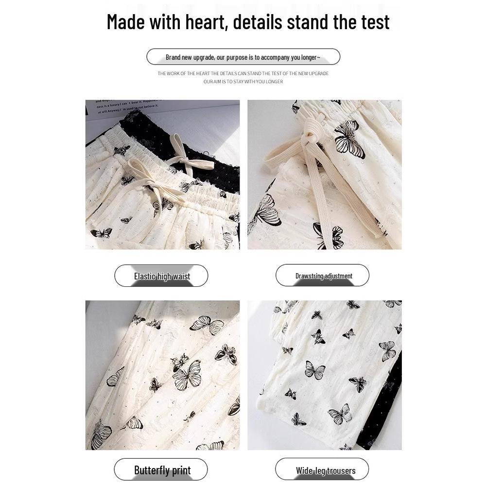 2028 Women's Summer Petite Rhinestone Butterfly Print Ice Silk White Wide-Leg Pants