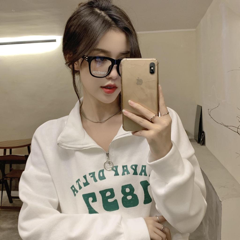 Women's Petite Half-Zip Polo Collar Sweatshirt - American Retro Style for Spring and Autumn