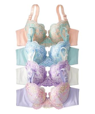 Conjunto de Sutiã Bordado Floral G85 [Nissen] 4 Peças (Cor Pálida)