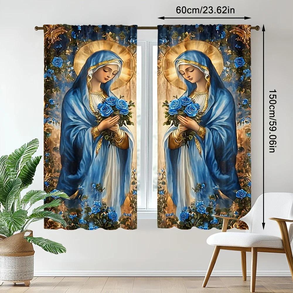 Festival Blue Gold Design Virgin Mary Printed Curtains Home Decoration Room Made Of Polyester