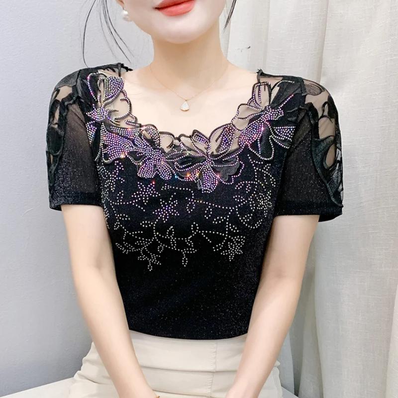 Summer Women T-Shirt Chic Sexy Lace Hollow Embroidery Flower Patchwork Mesh Tops Elegant O-Neck Diamonds Short Sleeve Tees