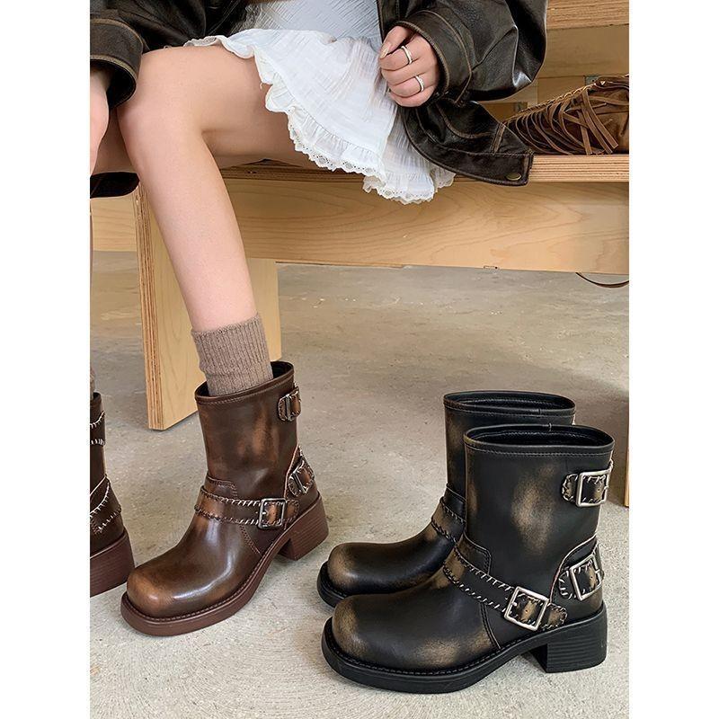 Stylish Womens Round Toe Chunky Heel Martin Boots With Buckle Design For All Seasons Ideal For Fall And Winter