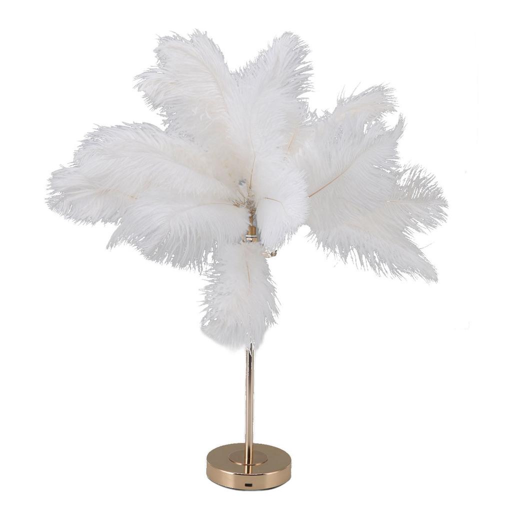 Feather Table Lamp Touch Switch USB Ostrich Feather Lamp 3 Color Dimming Desk Lamp with Gold Metal Base 30pcs Feather