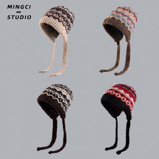 Adjustable vintage jacquard ethnic style women's autumn and winter tie-back ear-protecting knitted warm versatile beanie hat