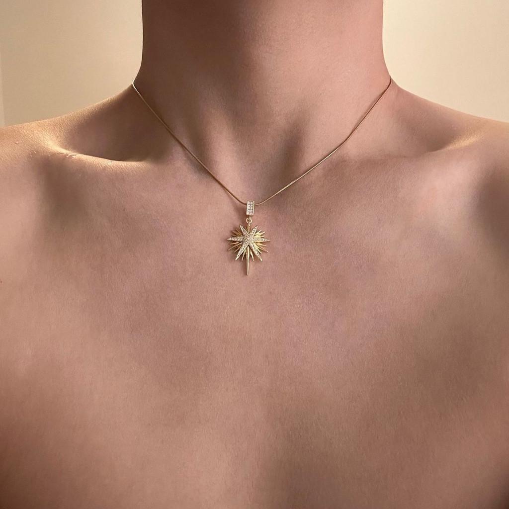 Titanium Steel Geometric Star Pendant Necklace With Zirconia For Fashion Women Men