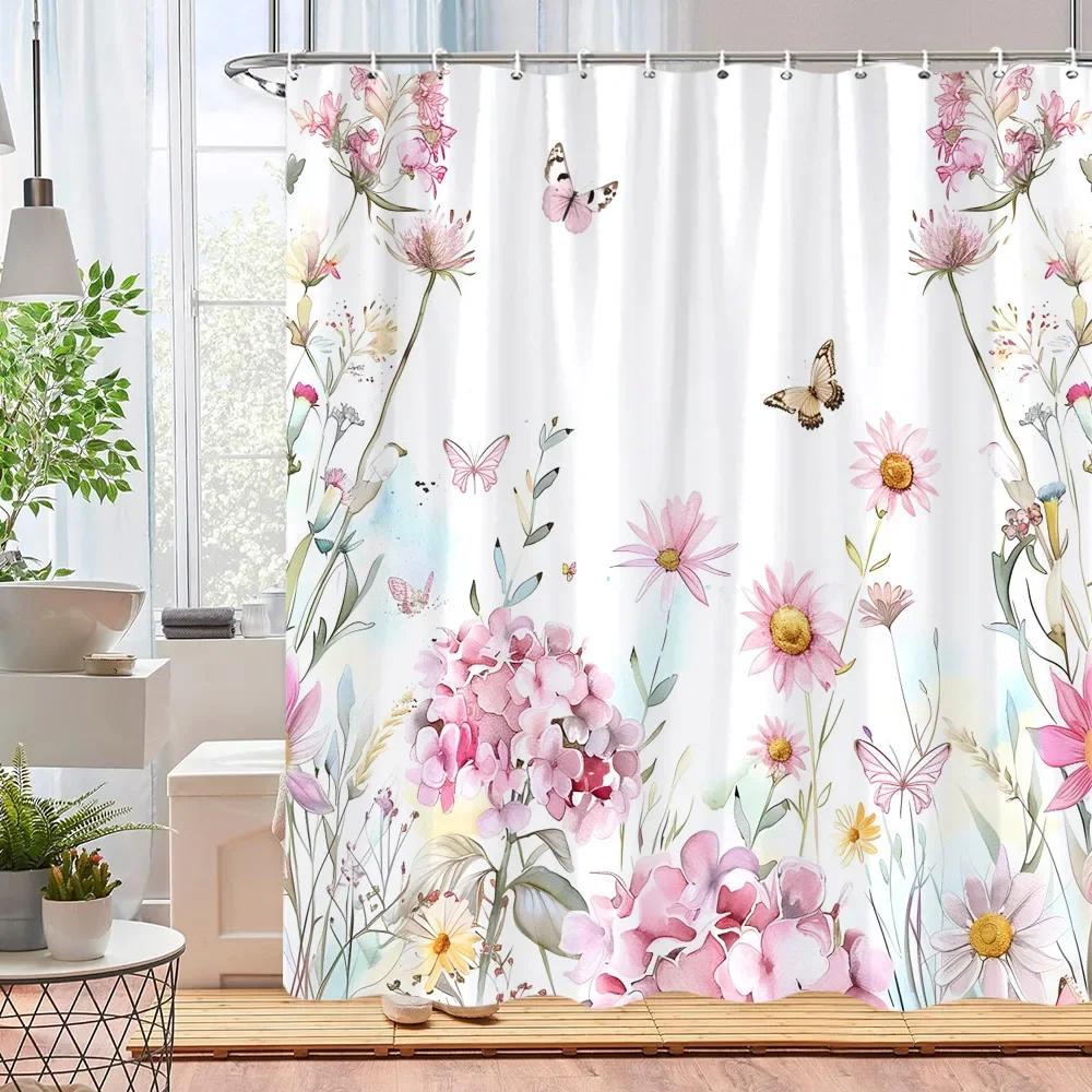 Beautiful Watercolour Botanical Floral Shower Curtain Pink Blue Floral Home Polyester Shower Curtains Bathroom Decor with Hooks