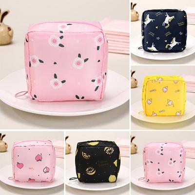 Sanitary Napkin Storage Bag Cartoon Print Portable Zipper Closure Large Capacity Cosmetic Earphone Keys Jewelry Storage Pouch Makeup Bag