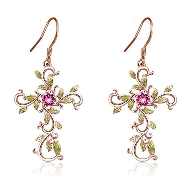 Flower Cross Pendant Necklace Earrings Jewelry Set for Women Gifts