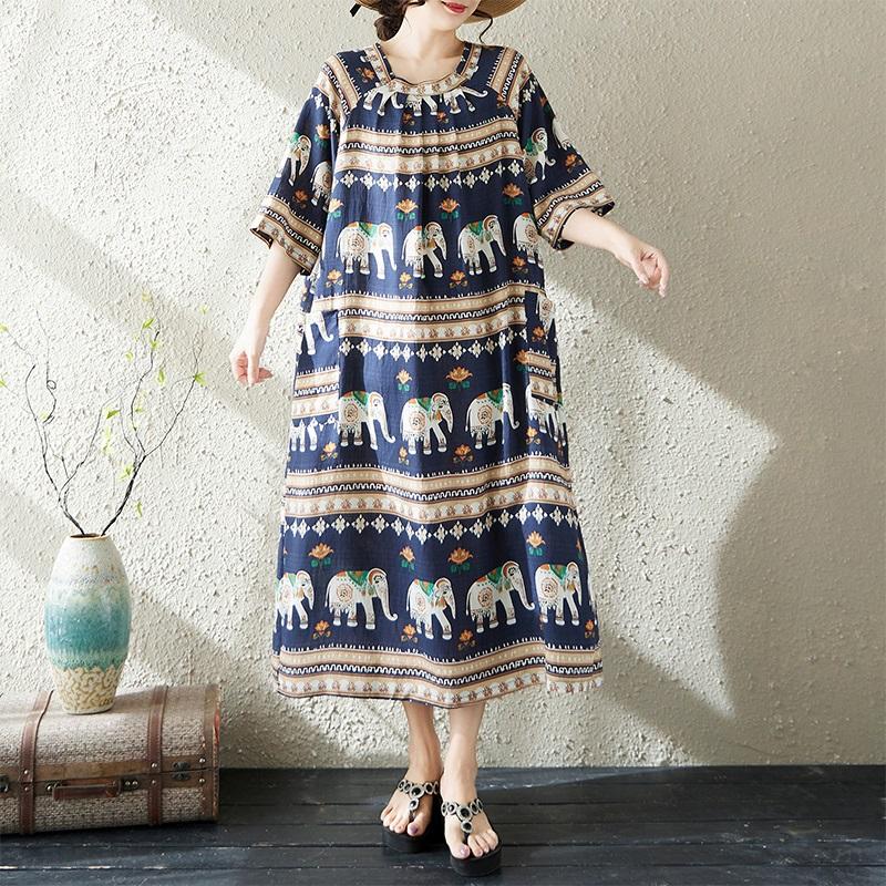 Maneca scurta Plus size bumbac vintage animal print nou in rochii pentru femei rochie lejera lunga de vara