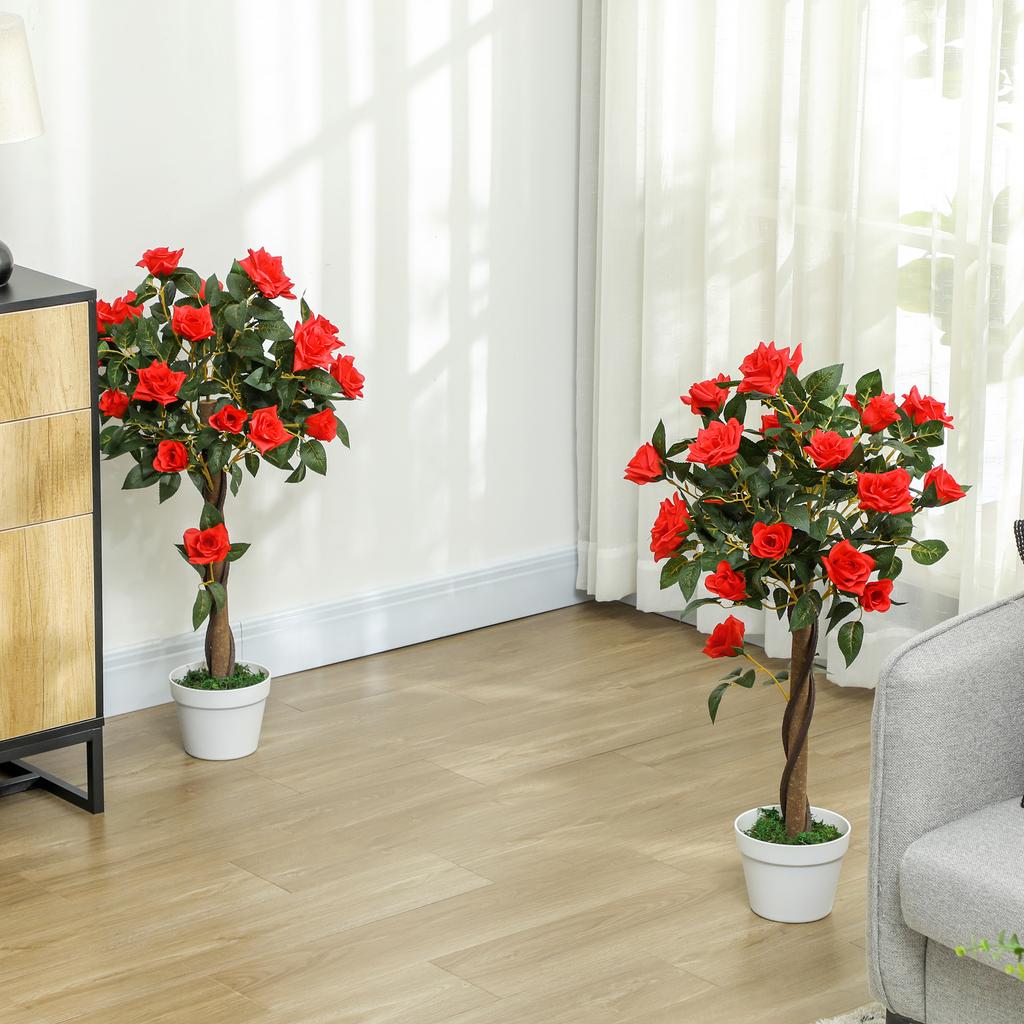 Set of 2 Artificial Plants White Rose Floral In Pot, Fake Plants for Home Indoor Decor, 90cm, Red