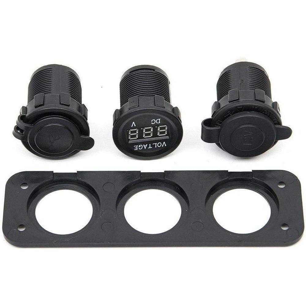 Dual USB Socket Charger + LED Voltmeter + 12V / 24V Power Outlet 3 In 1 Multi-function Three Hole Panel for Truck Trailer Boat Camper Motorhome