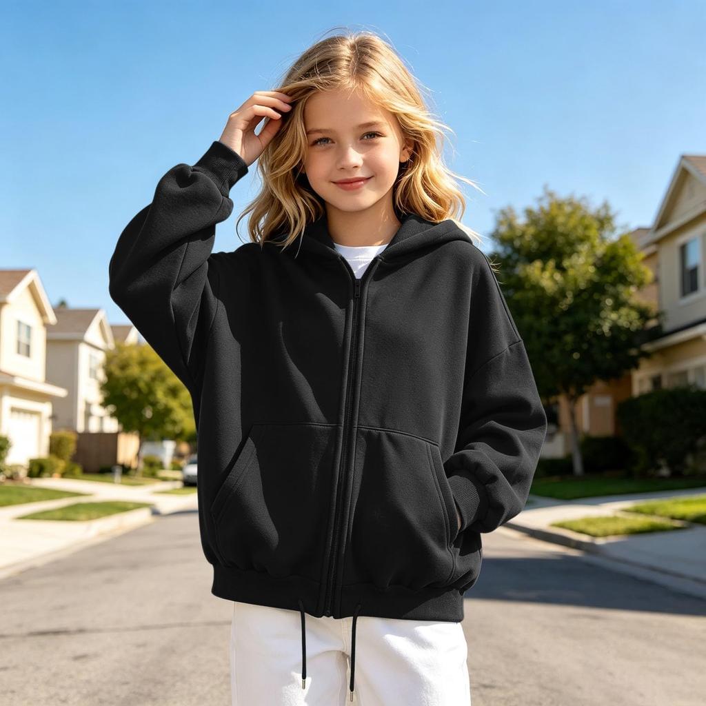 Kids Color Long Sleeve Hooded Zip-Up Sweatshirt Jacket with Hem for Medium and Big Kids