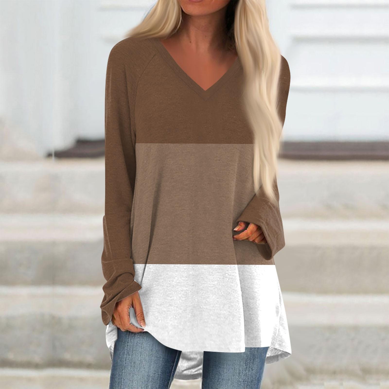 Женская и зимняя футболка с длинными рукавами и V-образным вырезом в стиле колор-блок — фото 4