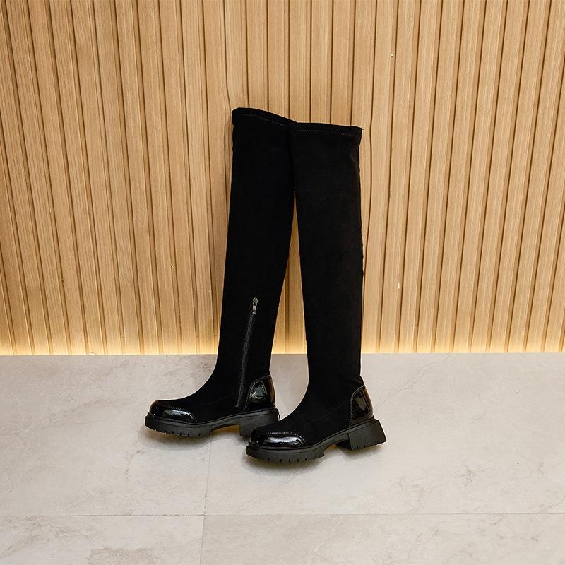 Autumn and winter velvet elastic boots women's side zipper platform casual shoes women's solid color knee boots women