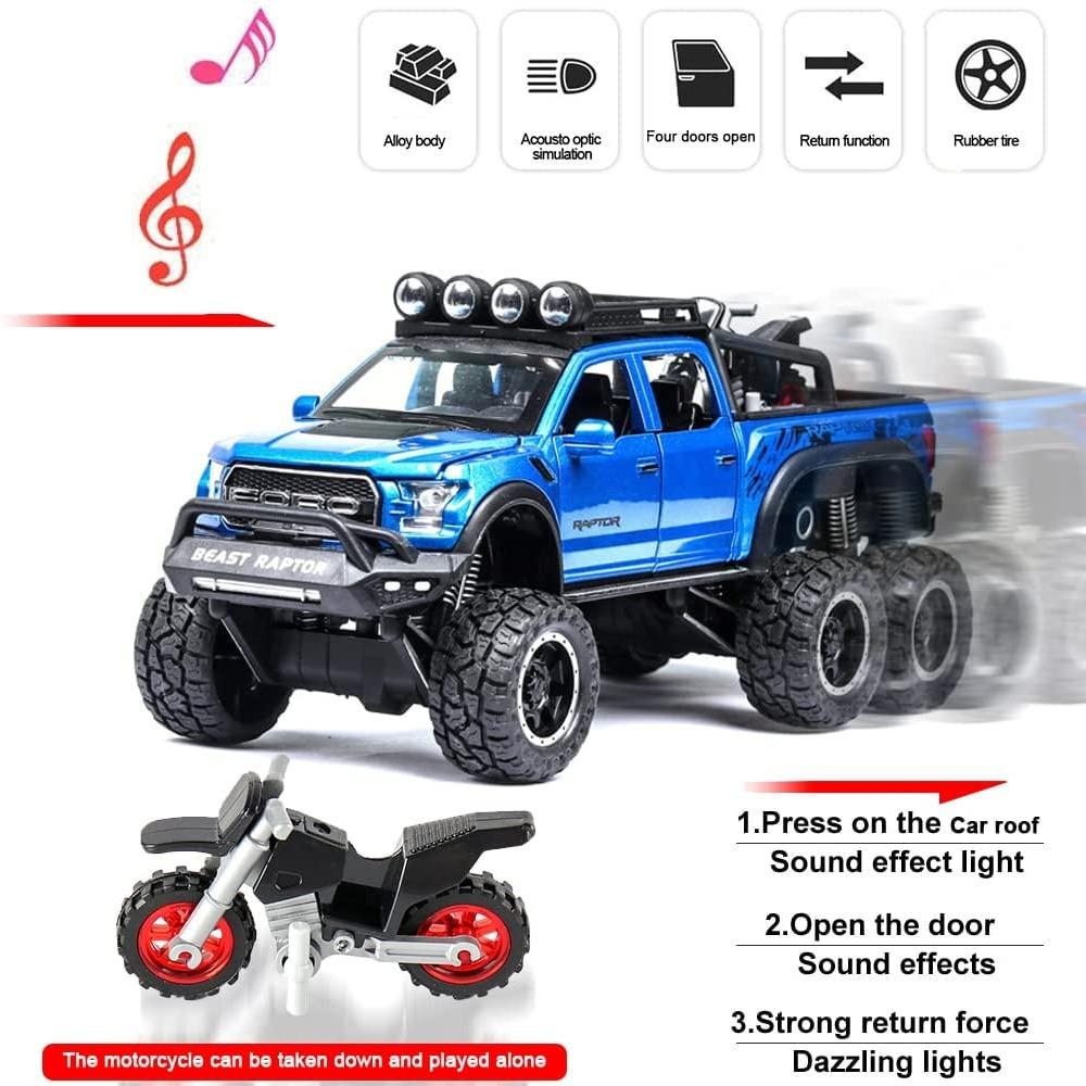 1/24 Scale Toy Pickup Trucks, Truck Toy, Ford F150 Diecast Metal Pickup with Sound and Light, 6x6 Off-Road Pull Back Trucks with Motorcycle for Kids