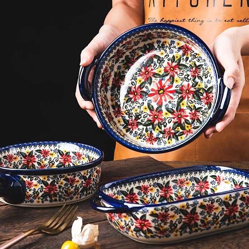Handmade Polish Ceramic Bowl Retro Flower Design Baking Soup Bowl with Handles, Microwave Safe