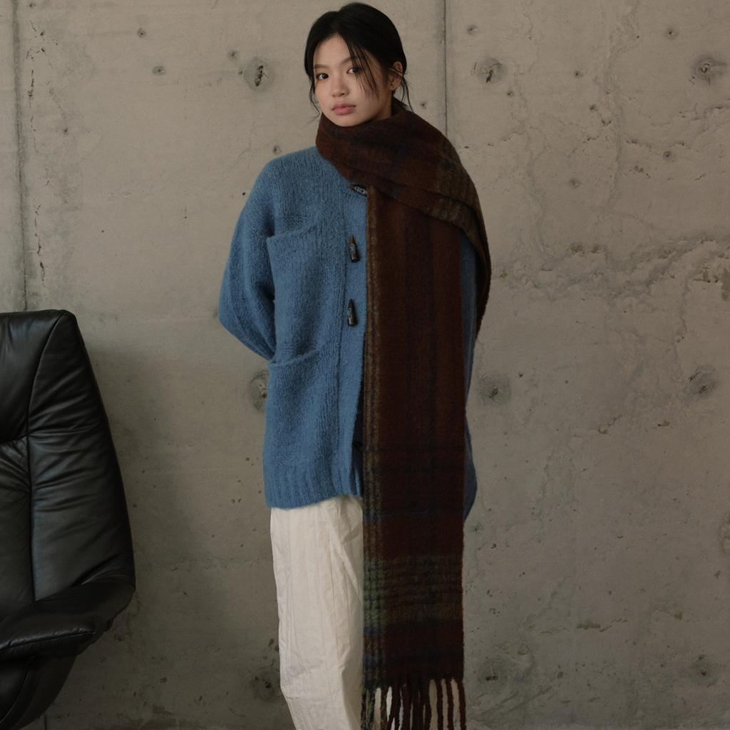 Wool Unisex Maillard Color Block Plaid Tassel Scarf Women's Winter Matching Scarf