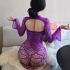 Sexy Hollow Out Fishnet Body Stocking Cut Out Floral Lace Lingerie Long Sleeve Flare Cuff Mini Dress Bodysuit Exotic Sleepwear