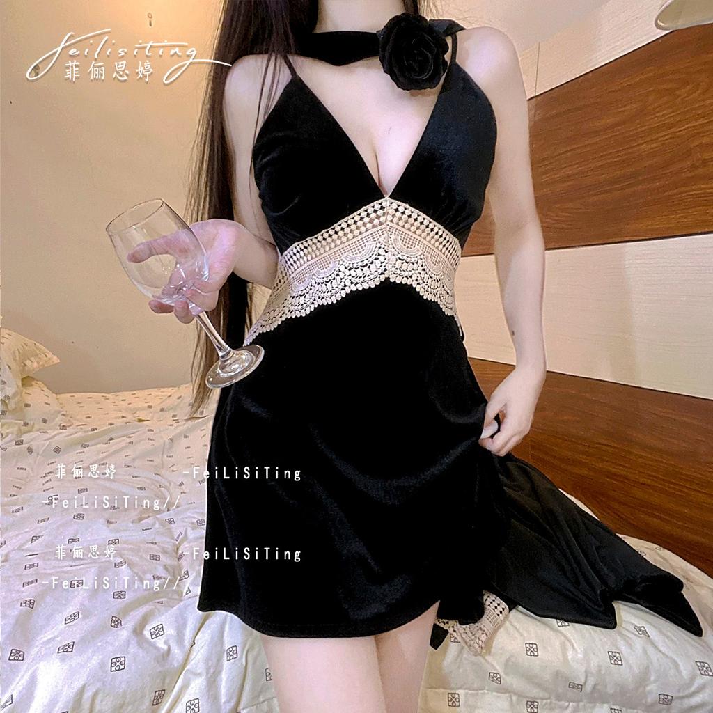 Sexy Golden Velvet Pajamas Autumn and Winter New Chest Pad Suspender Nightdress Set Nightgown Lace Two-piece Loungewear