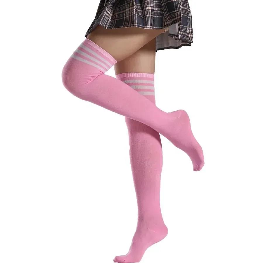 Mode Süße Mädchen Oberschenkelhohe Schwarz-Weiß Gestreifte Über das Knie Lange Socken Lolita Beinstulpen Gothic Strümpfe Für Damen Sexy 40-70kg(80-156 Lbs) pink