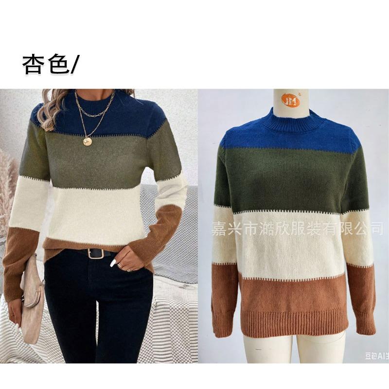 Women S Color Block Pullover Round Neck Long Sleeve Knit Sweater Casual Top