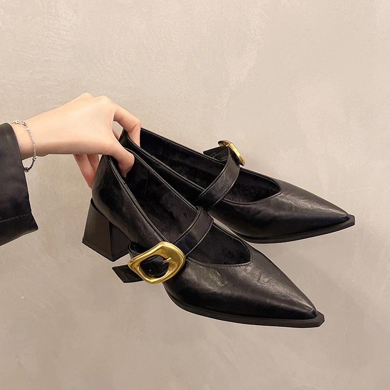Autumn New Coarse Heel Shoes Women's Fashion Pointed Head Shallow Mouth Metal Buckle Non-slip Low-top Shoes