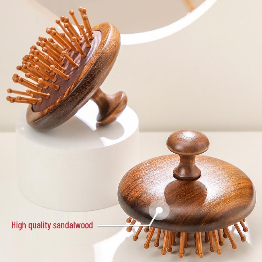 Golden Silk Sandalwood Round Massage Comb for Scalp Therapy and Hair Straightening