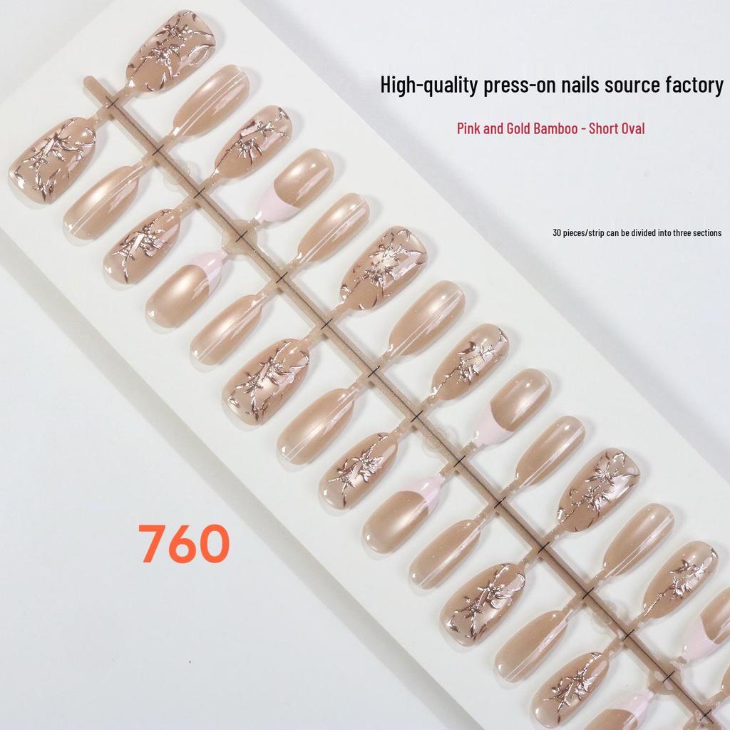 30-Piece Light Luxury Gold Foil Cat Eye Wearable Nails - Chinese Style Ice Transparent Pre-made Nail Tips