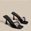 Women's High Heels Slippers Luxury Rhinestone Bow Slippers Temperament Square Toe High Heeled Sandals Womens Banquet Party Pumps