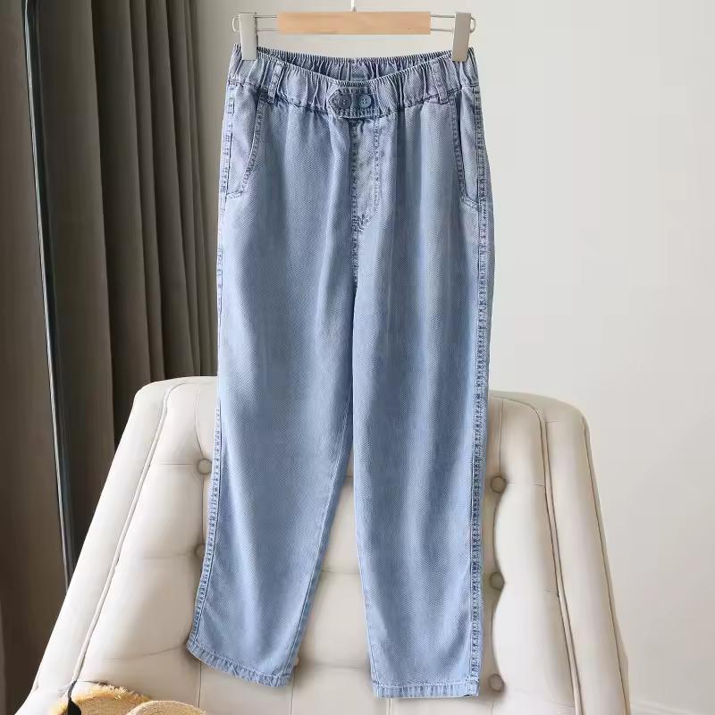 Women Spring and Summer Plus Size Jeans Elastic Waist Solid Color Loose Harem Pants Plus Size Wide Leg Baggy Trousers