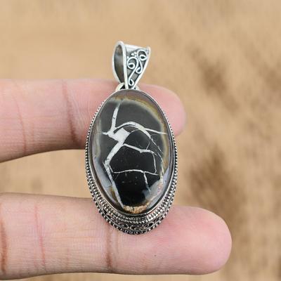 Natural Moroccan Mud Crack Fossil Gemstone Pendant Vintage 925 Silver For Women