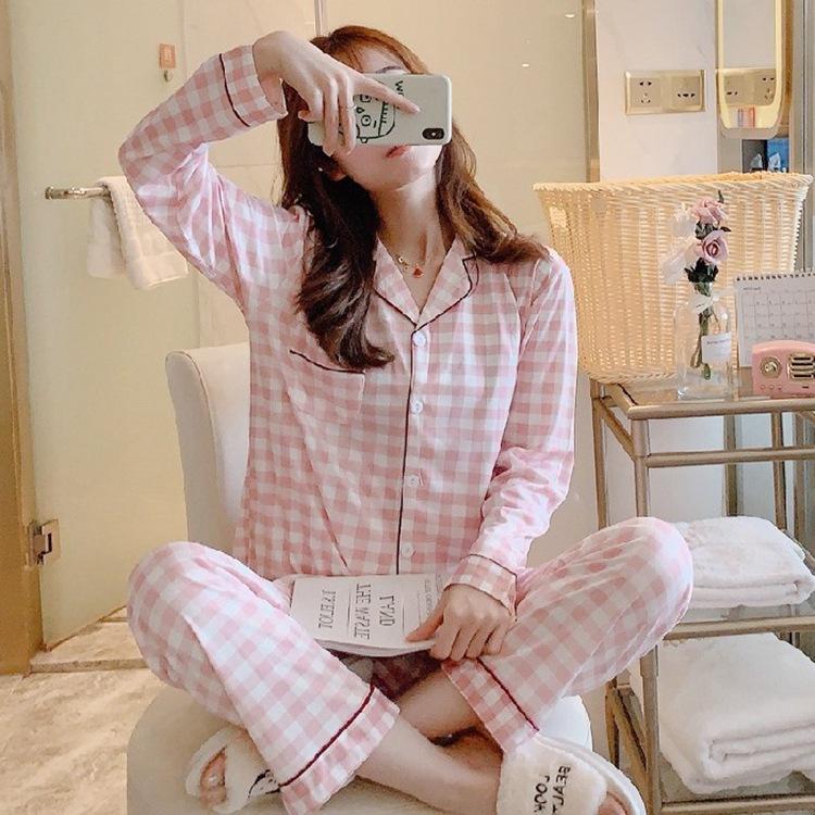 Spring and Autumn Ladies Long Sleeved Pajamas Home Clothing Set Girls Fashion Students Fresh Pink Plaid Pajamas Home Clothing Set