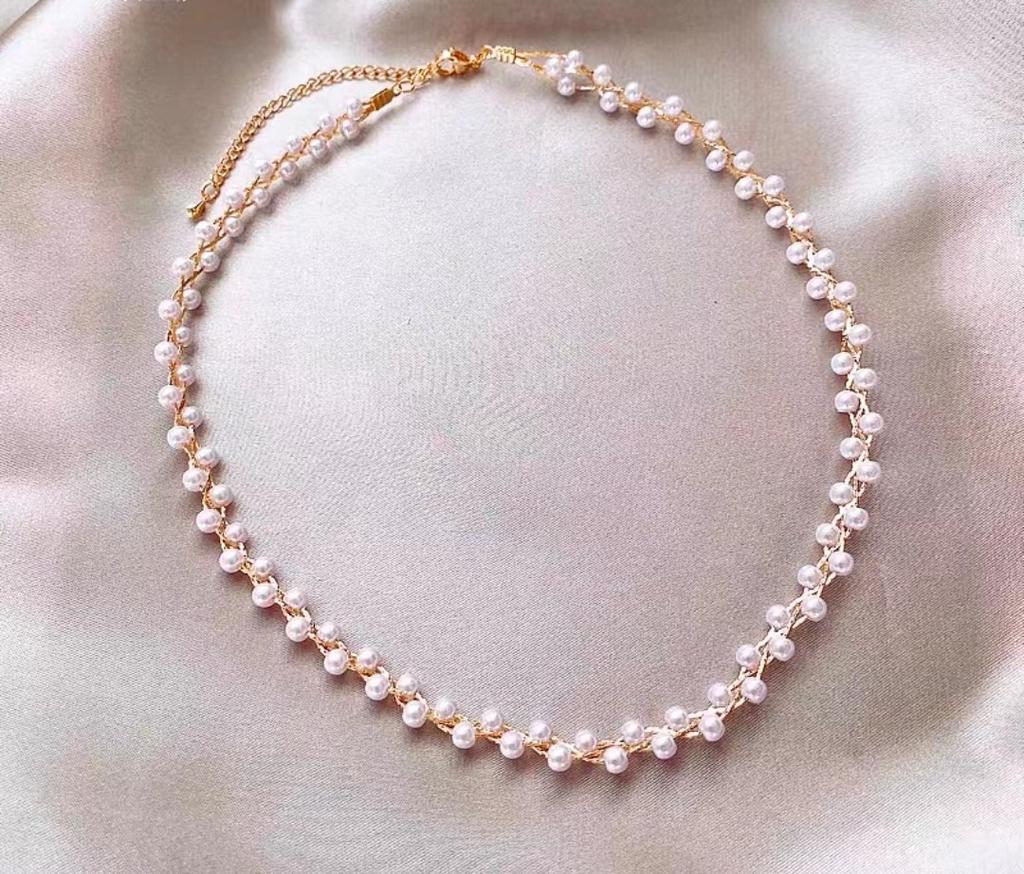 Nk-35 Three Woven Crystal Pearl Neck Chain Necklace Short High-End Niche Light Luxury Women