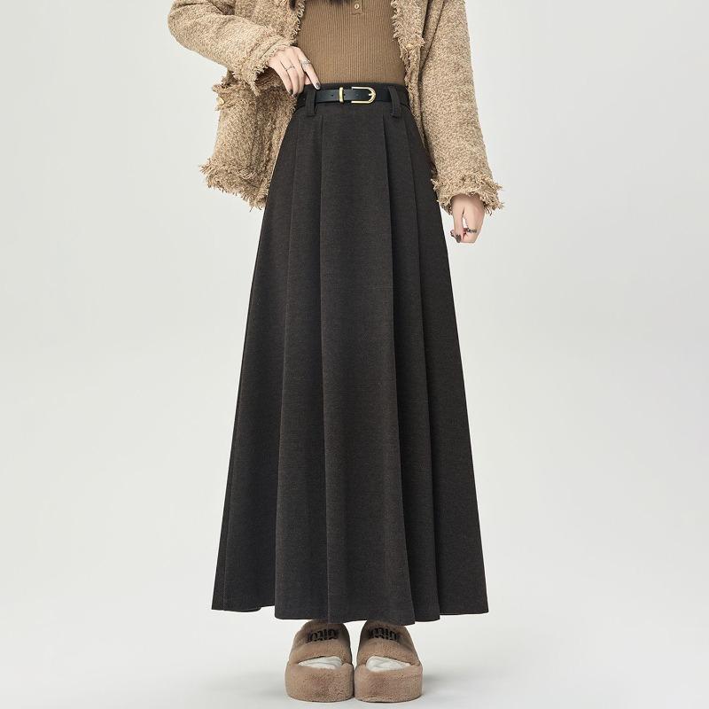 Winter Autumn High Waist Wool Pleated Skirt Women A Line Midi Skirt Solid Color Flared Skirt Slimming Long Skirt