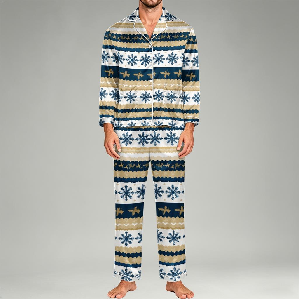 Herren Langarm Button-Down Pyjama-Set mit Hose, 2-teilige Loungewear Nachtwäsche