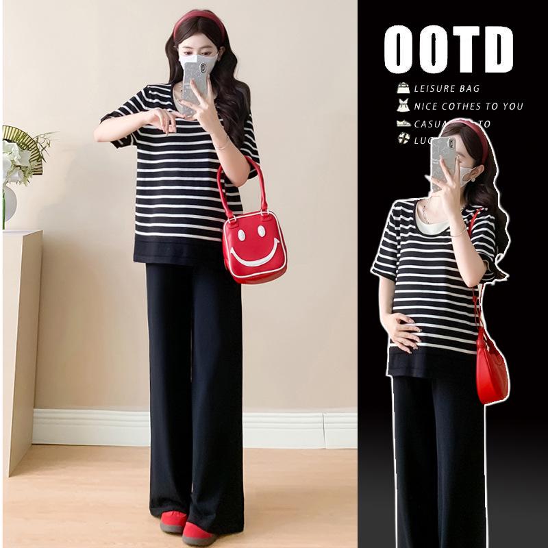 2026 Summer Maternity Fashion Striped Top & Wide-Leg Pants Two-Piece Set XL