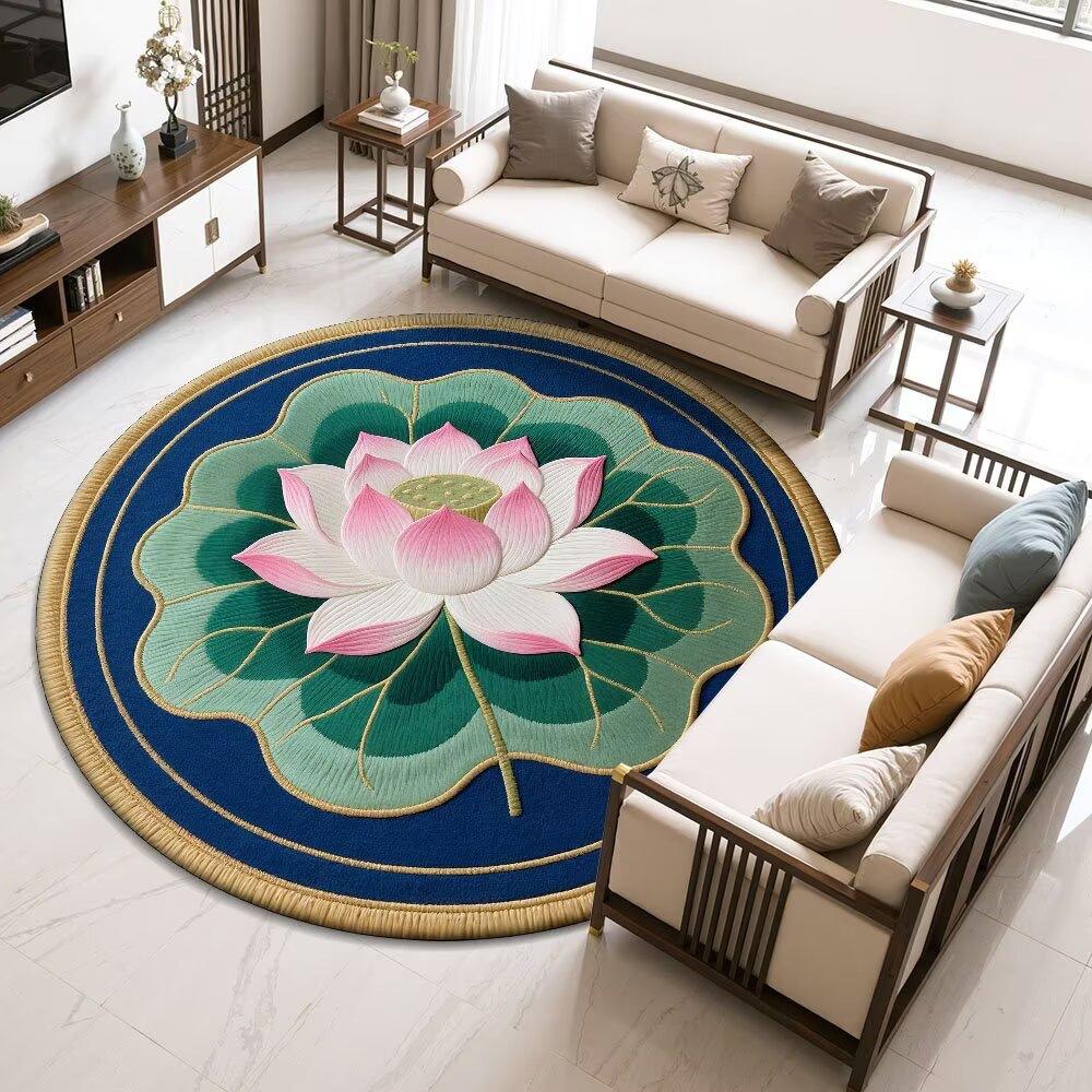 Lotus-Round Rug – Easy-Clean Meditation  Living Room Decor Rug with Chinese Floral Motif