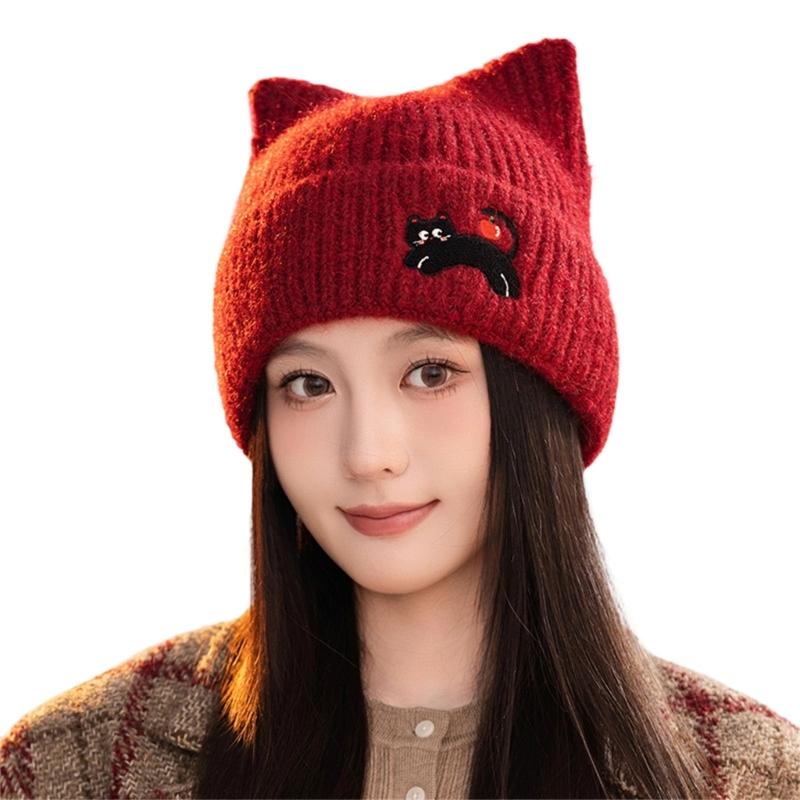 Lovely Cats Ears Hat Women Soft Plush Knitted Hat Trendy Winter Warm Hat for Fall and Winter красный