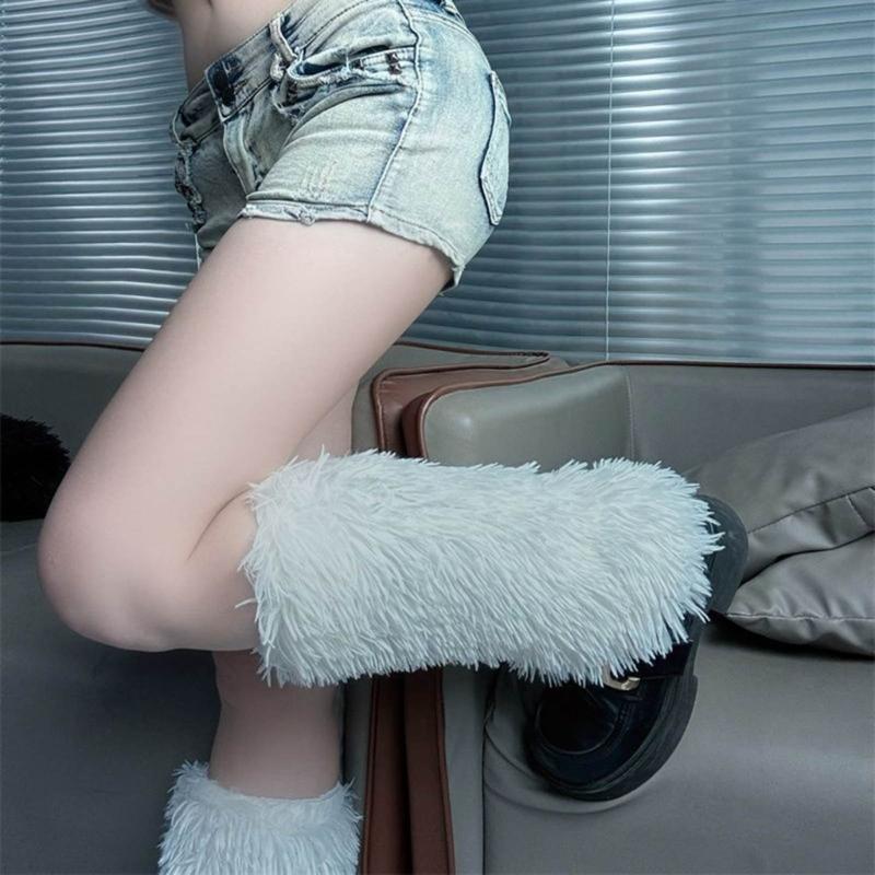 Rainbow Plush Leg Warmer for Trendy Party Costume Colorful Furry Fuzzy Boot Covers Leg Gaiters Footless Socks Streetwear