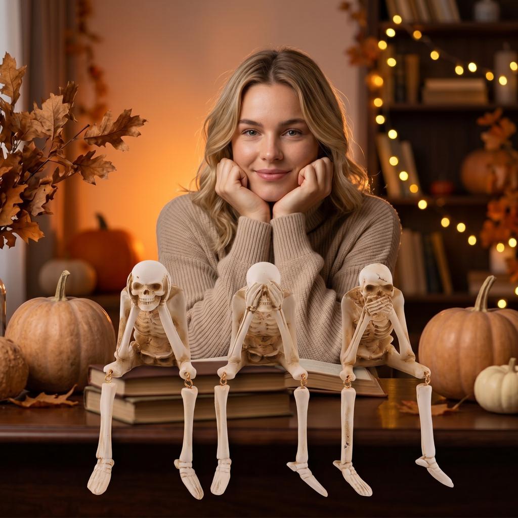 Halloween Resin Figurine -, Hear No, Speak No Skeleton Decoration for Party Home Decor