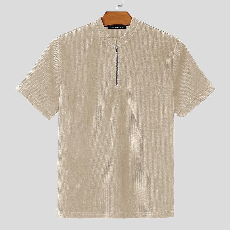 

INCERUN Мужские повседневные футболки с текстурой рубчик, с коротким рукавом, на молнии у горловины 2XL хаки