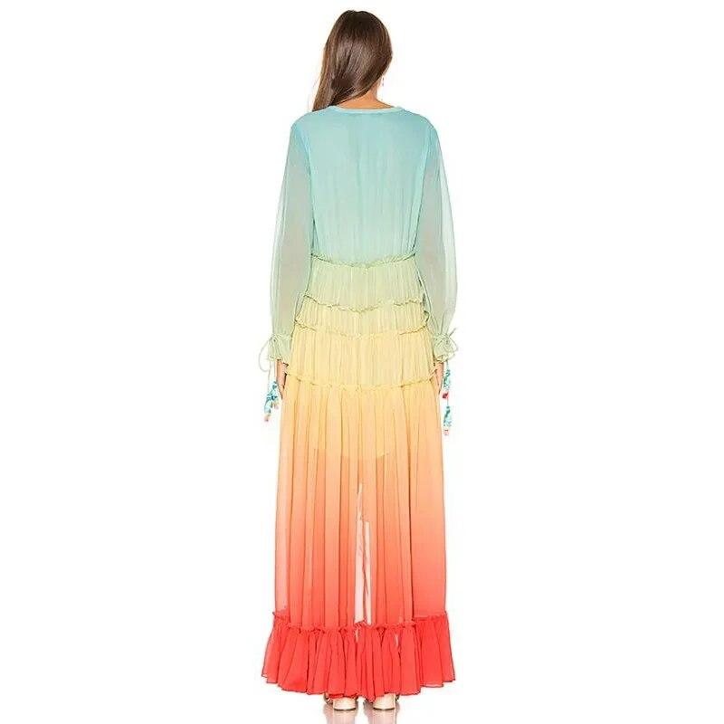 Frauen Sommer Bohemian Kleid Druck Farbverlauf Elegante Maxi Kleid Patchwork Regenbogen Farbe Party Kleid Rüschen Süße Vestidos